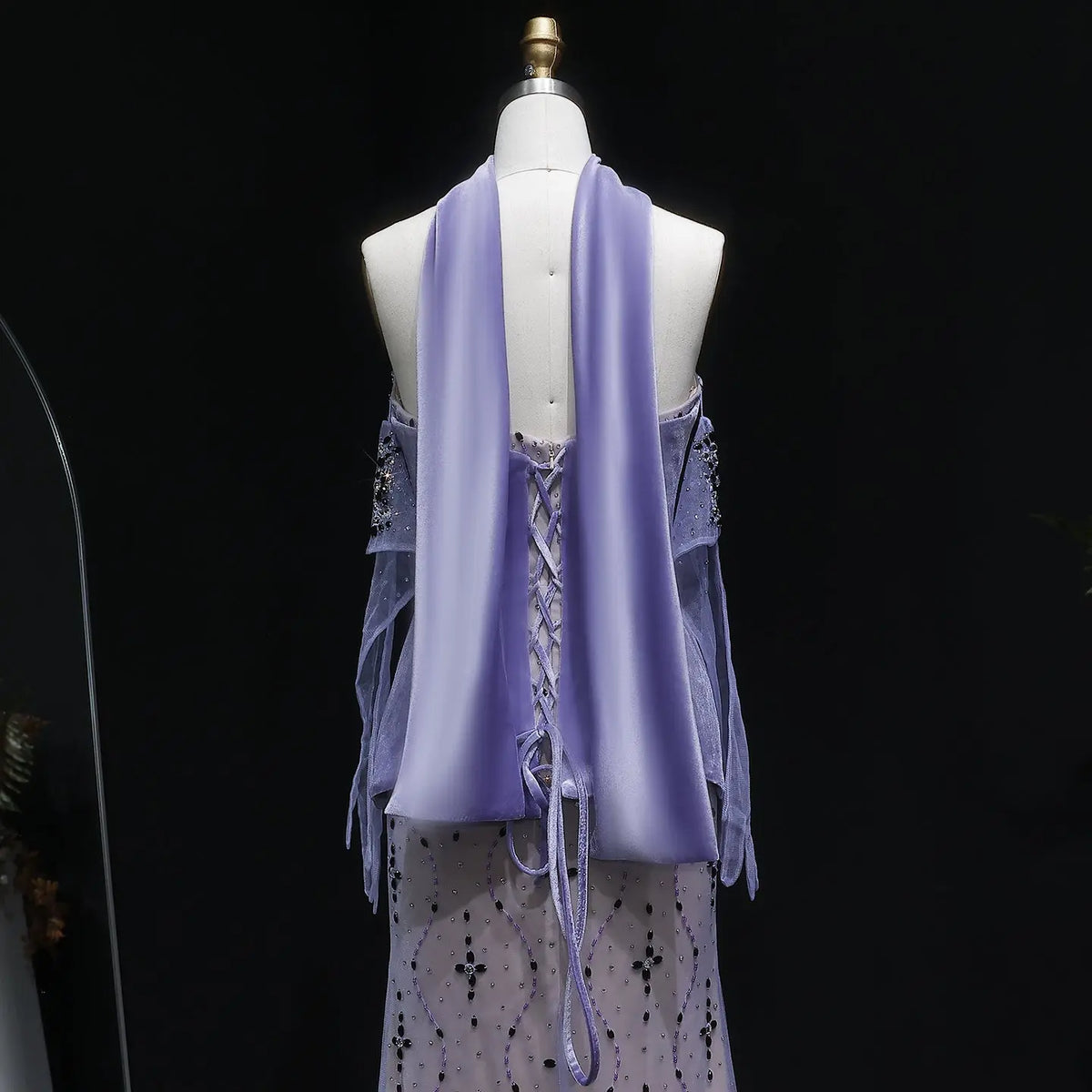 Elegant Beaded Strapless Purple Evening Dress with Scarf and Gloves SS269 