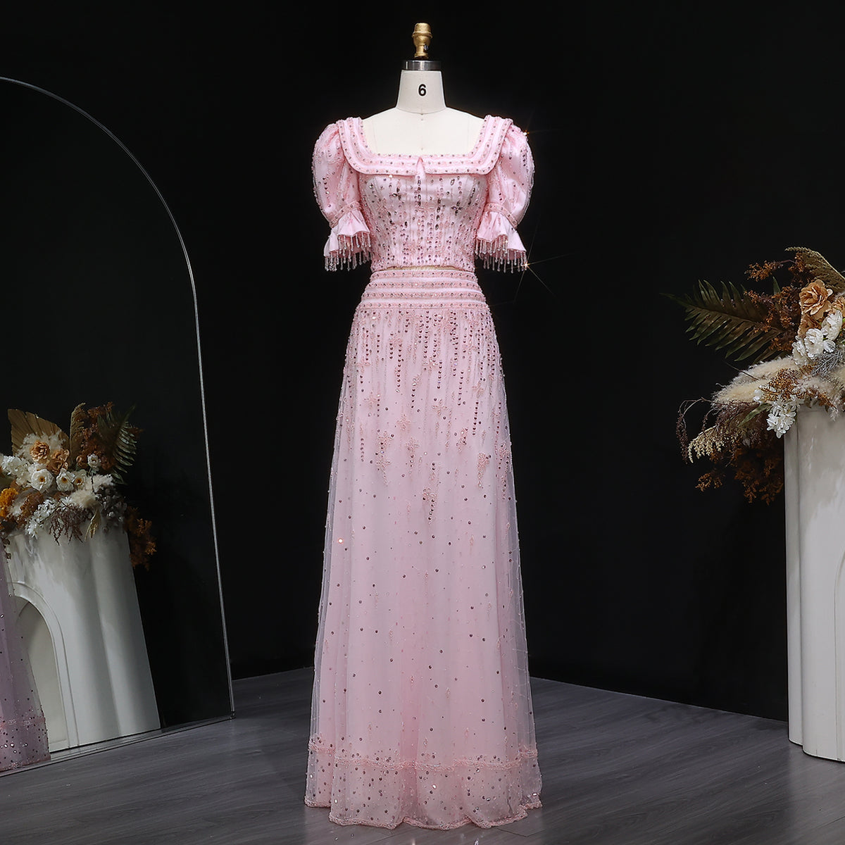 Elegant Sequin Pink Puff Sleeve Two-Piece Evening Dress SS548 