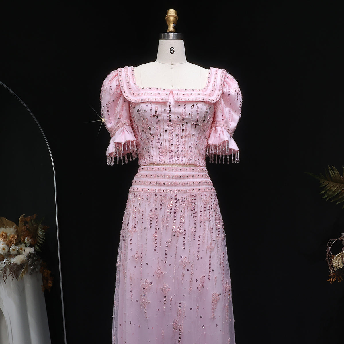 Elegant Sequin Pink Puff Sleeve Two-Piece Evening Dress SS548 