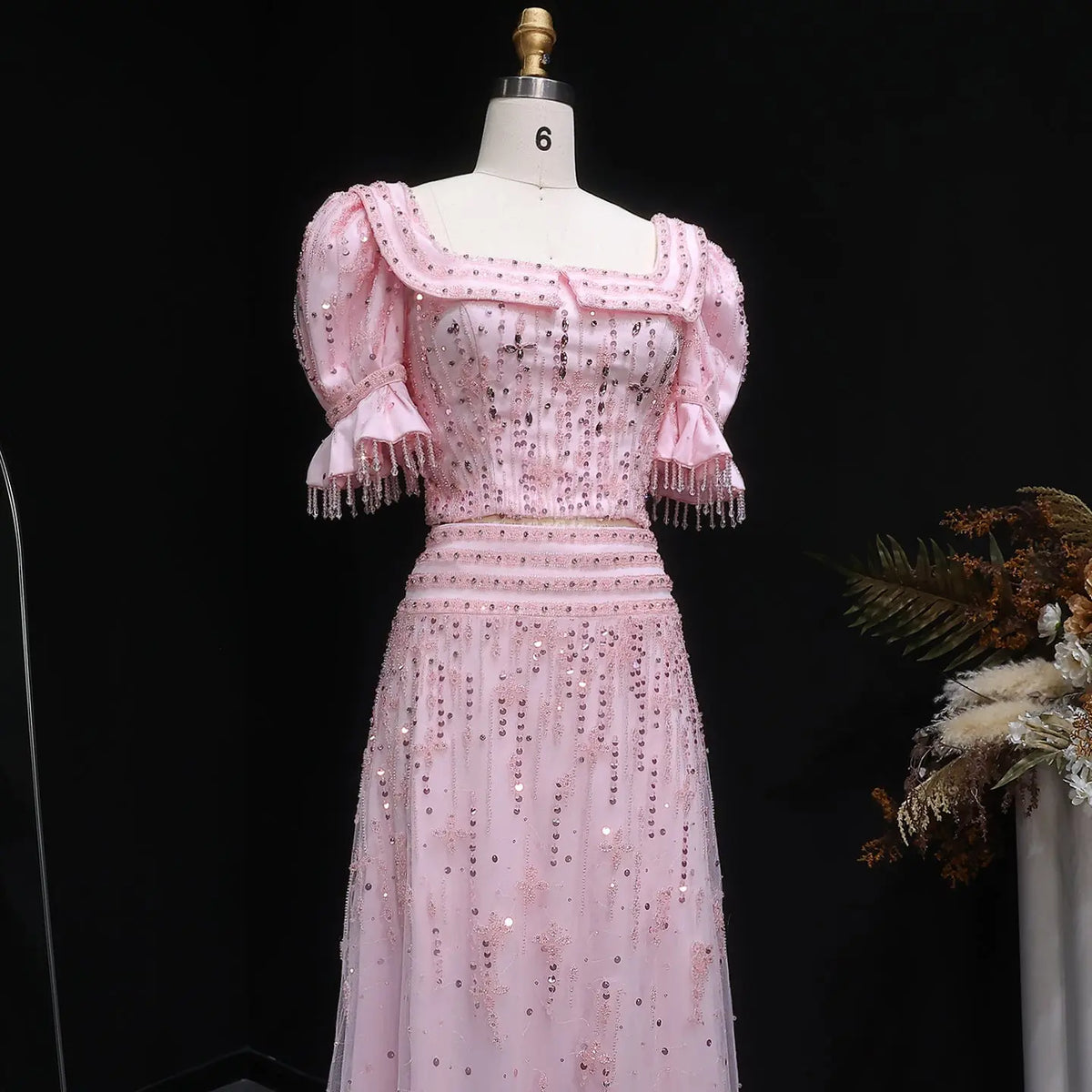Elegant Sequin Pink Puff Sleeve Two-Piece Evening Dress SS548 