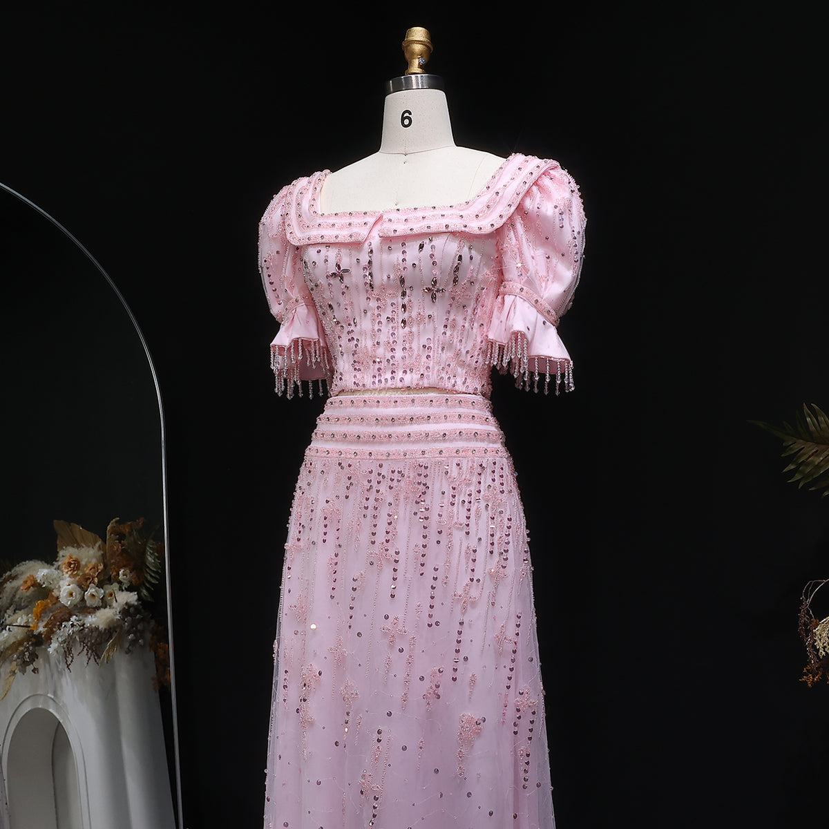 Elegant Sequin Pink Puff Sleeve Two-Piece Evening Dress SS548 