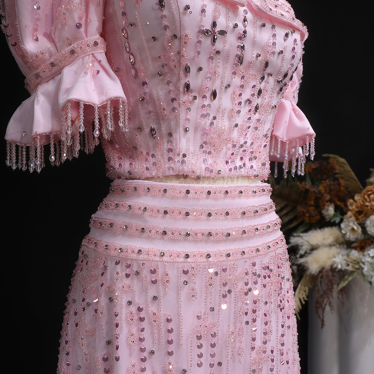 Elegant Sequin Pink Puff Sleeve Two-Piece Evening Dress SS548 