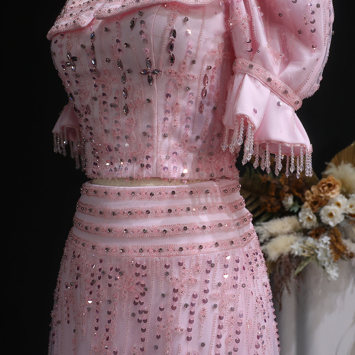 Elegant Sequin Pink Puff Sleeve Two-Piece Evening Dress SS548 