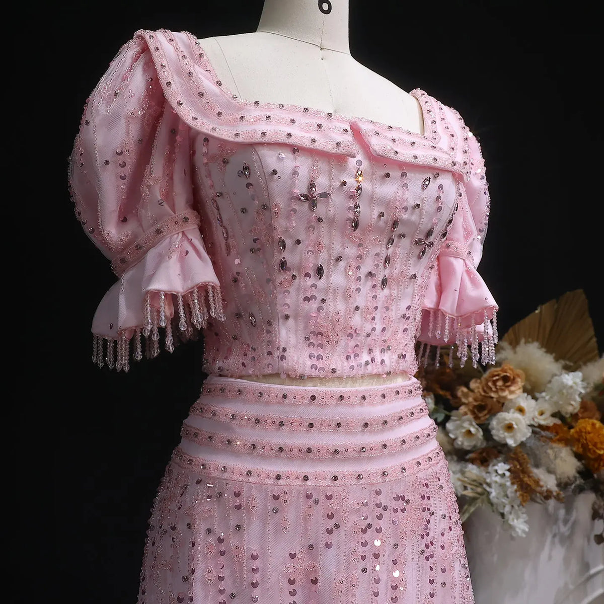 Elegant Sequin Pink Puff Sleeve Two-Piece Evening Dress SS548 