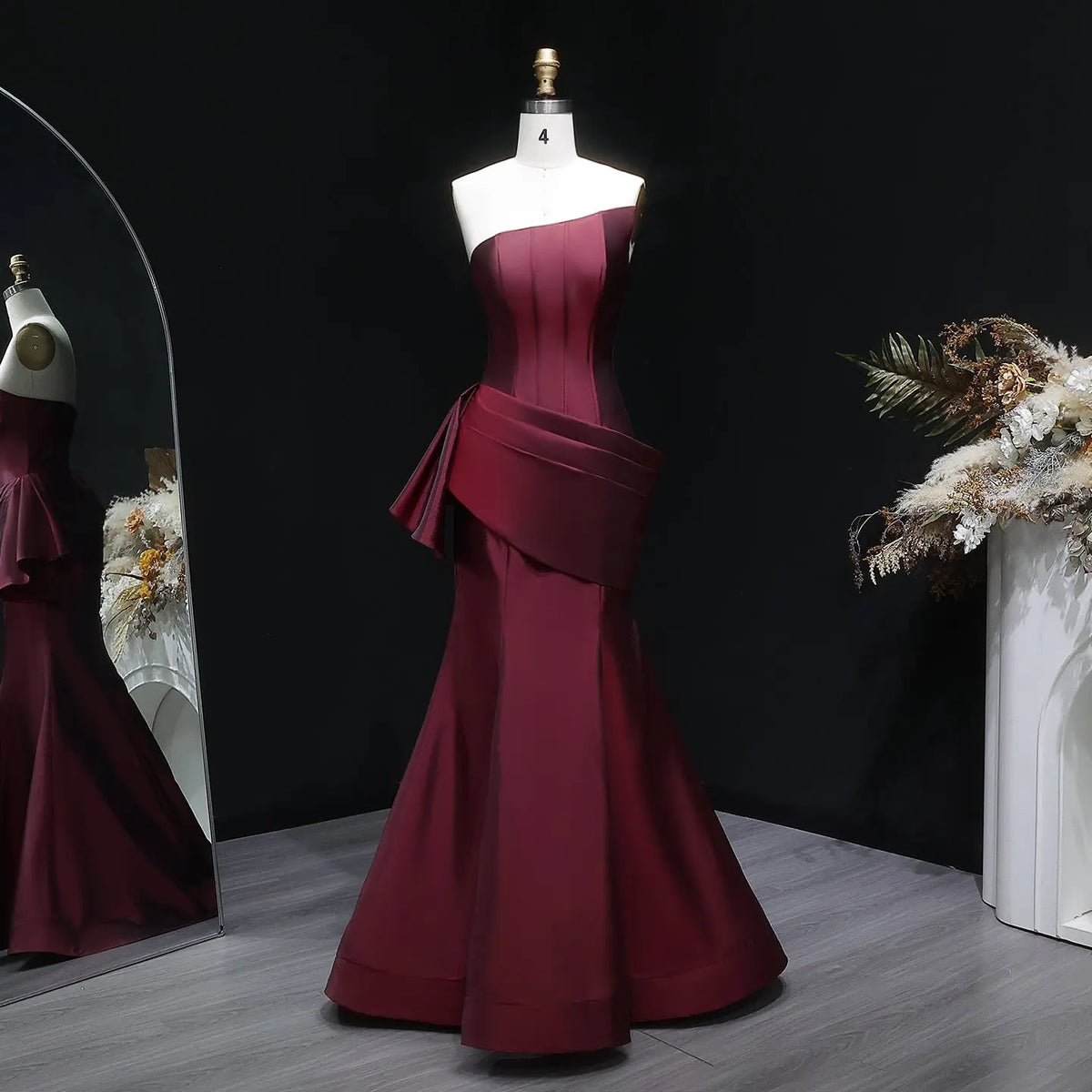 Elegant Burgundy Strapless Draped Train Evening Dress SF494 