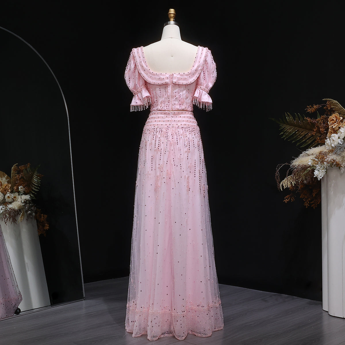 Elegant Sequin Pink Puff Sleeve Two-Piece Evening Dress SS548 