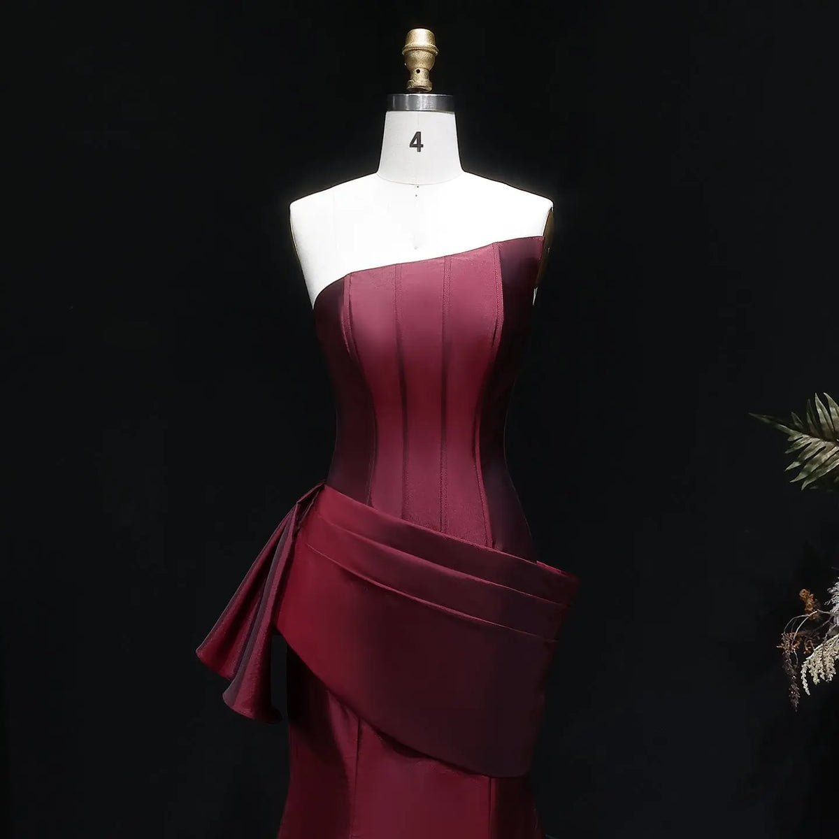 Elegant Burgundy Strapless Draped Train Evening Dress SF494 