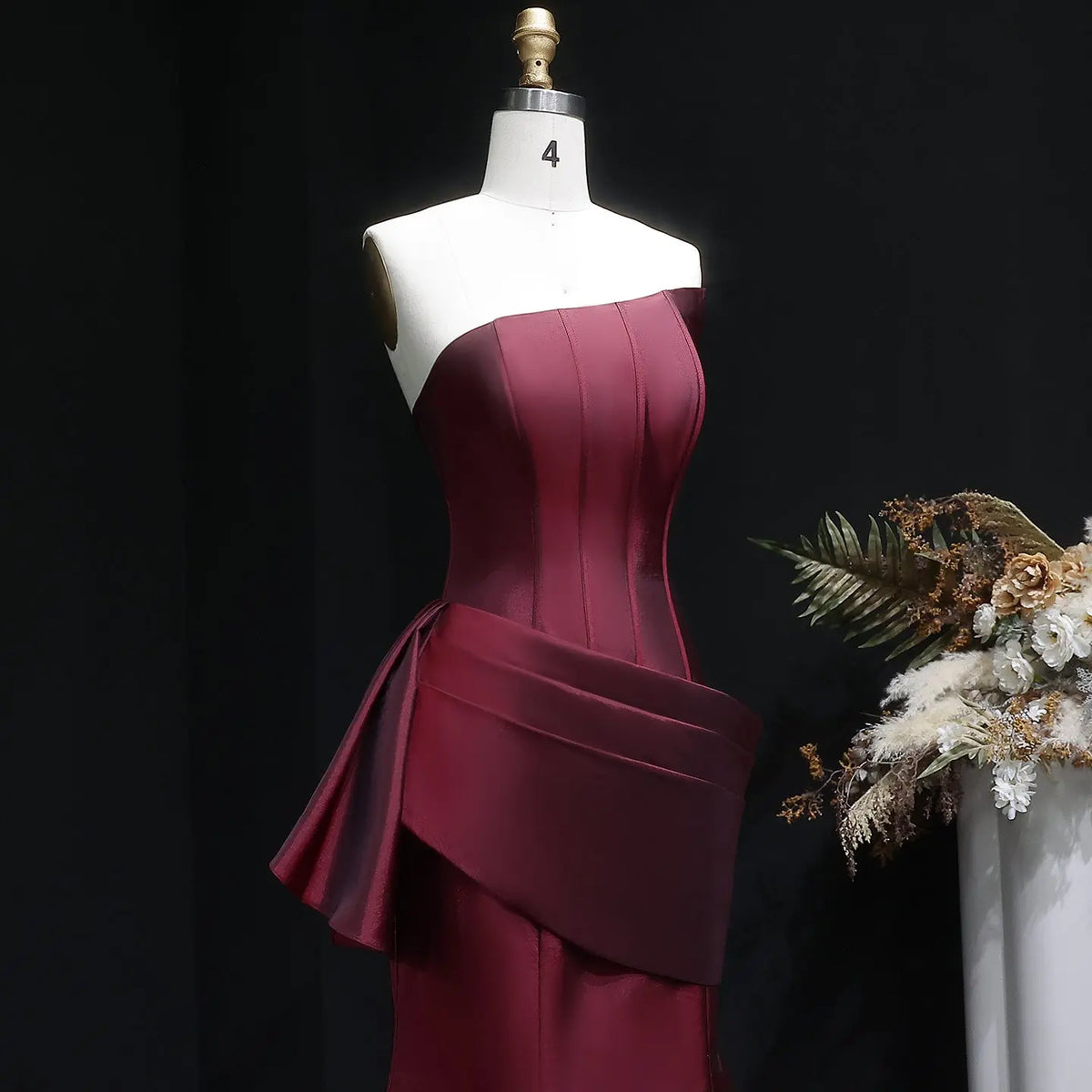 Elegant Burgundy Strapless Draped Train Evening Dress SF494 