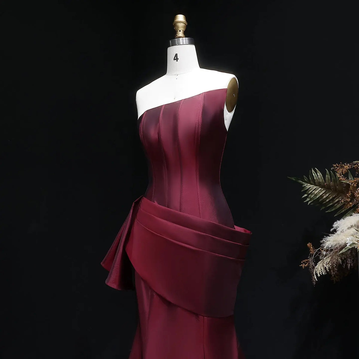 Elegant Burgundy Strapless Draped Train Evening Dress SF494 