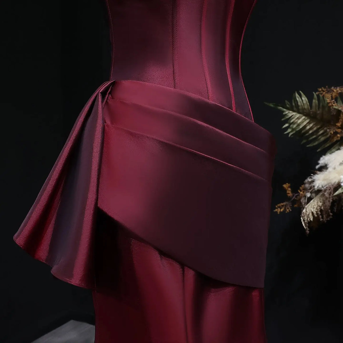 Elegant Burgundy Strapless Draped Train Evening Dress SF494 