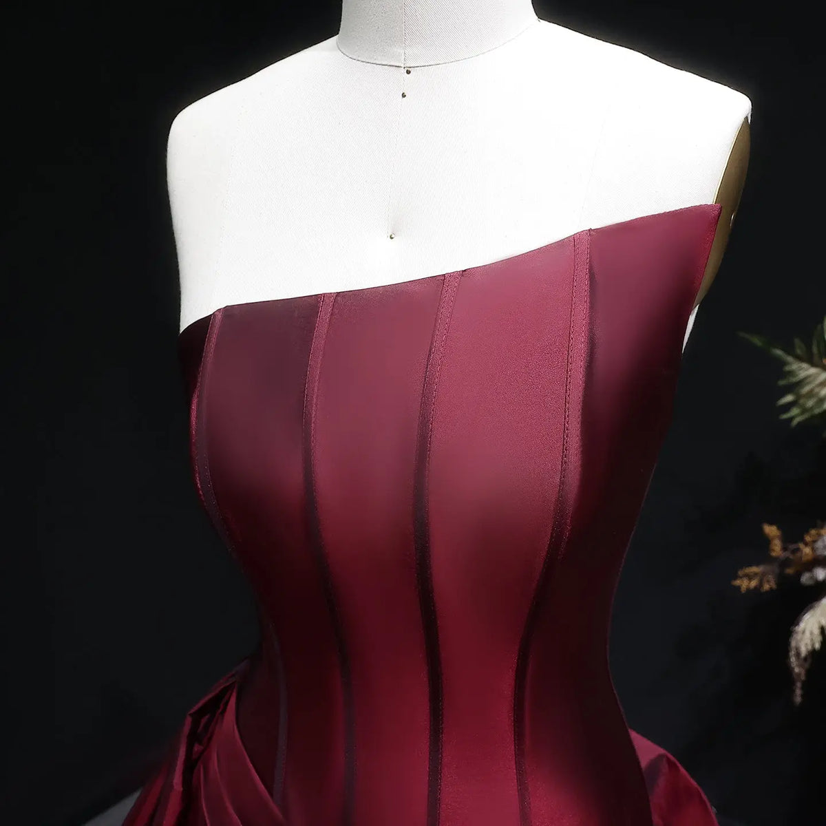 Elegant Burgundy Strapless Draped Train Evening Dress SF494 
