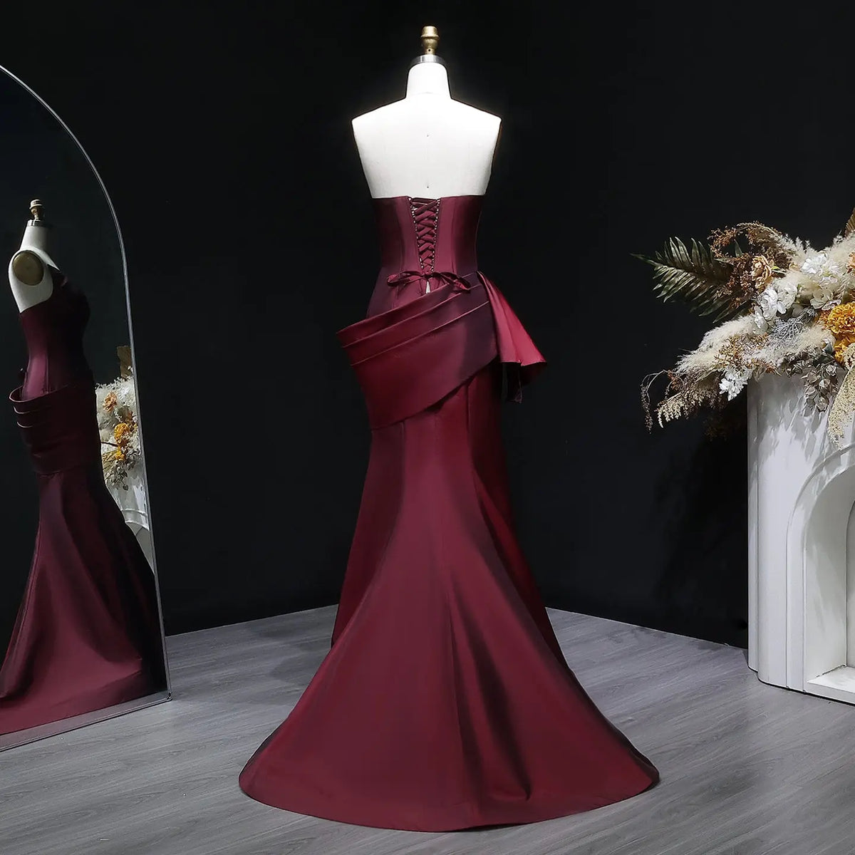 Elegant Burgundy Strapless Draped Train Evening Dress SF494 - SHARONSAID Elegant Burgundy Strapless Draped Train Evening Dress SF494 - SHARONSAID