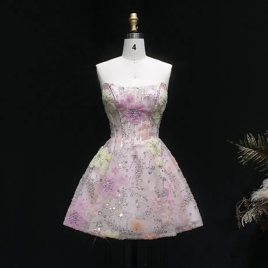 Glitter Tulle Sweetheart Flower Applique Homecoming Dress RM135