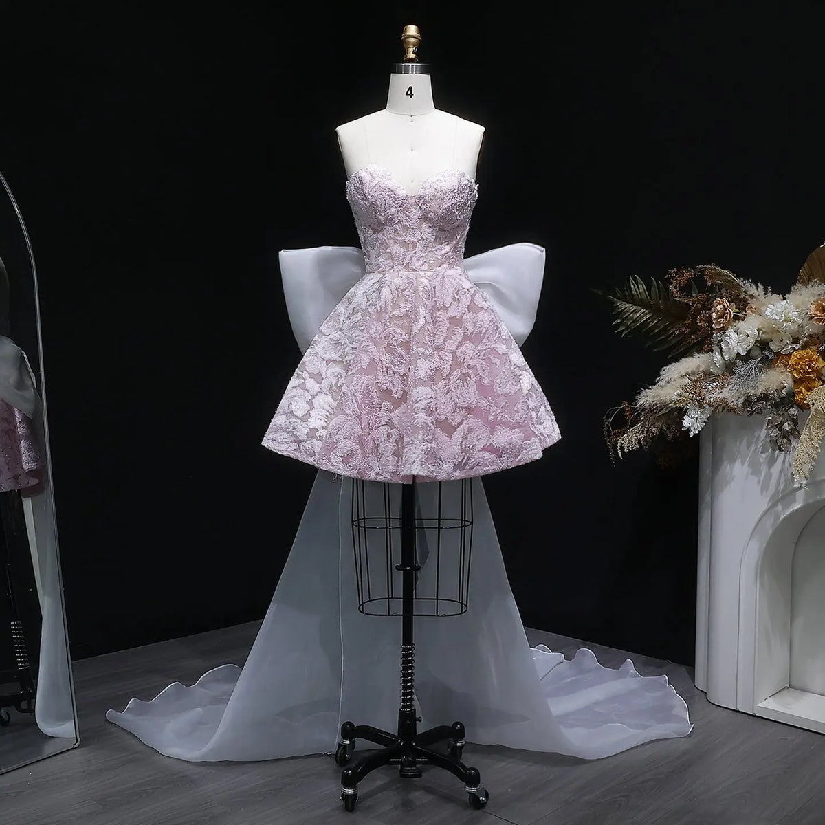 Elegant Blue Strapless Lace A-Line Homecoming Dress with Big Bow Detachable Train RM138