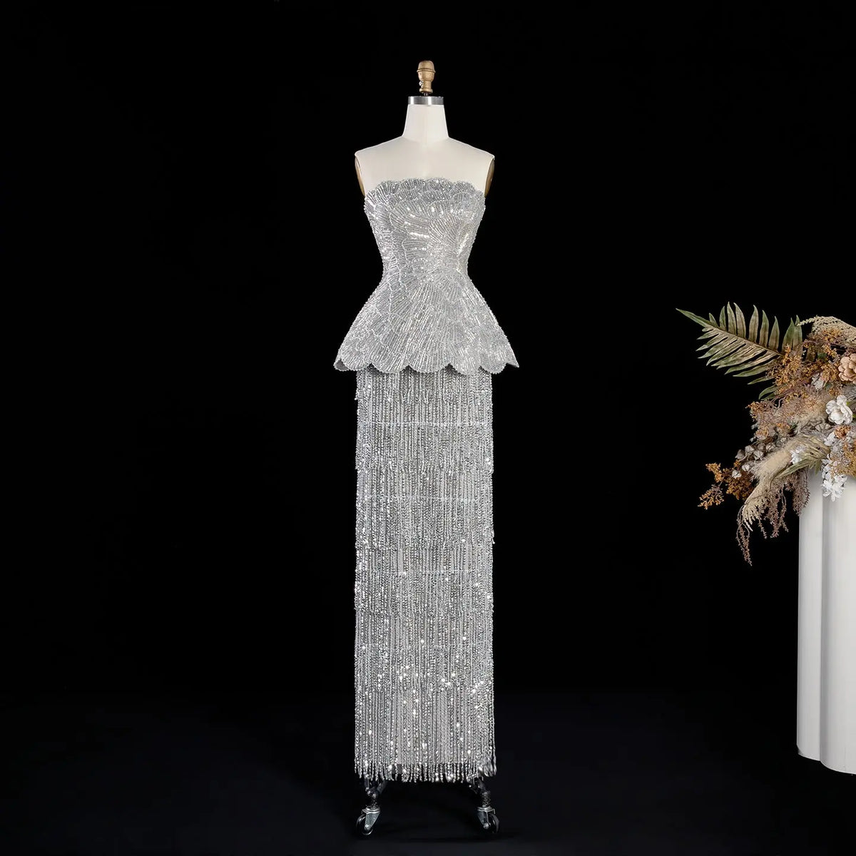 Gray Strapless Beaded Mermaid Evening Dress SS370-4
