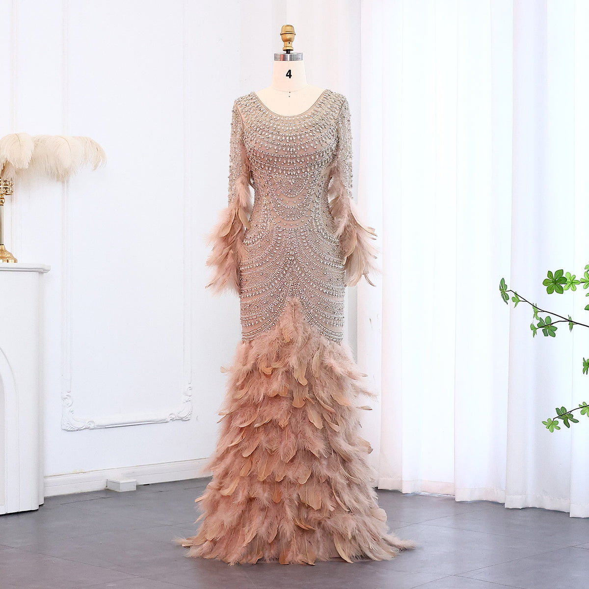 Luxury Feather Nude Mermaid Evening Dress SS076