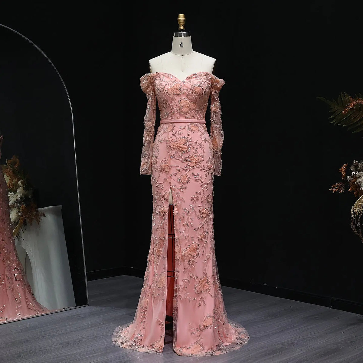 Luxury Green Beaded Sequin High-Slit Long Sleeve Prom Dress SH215 