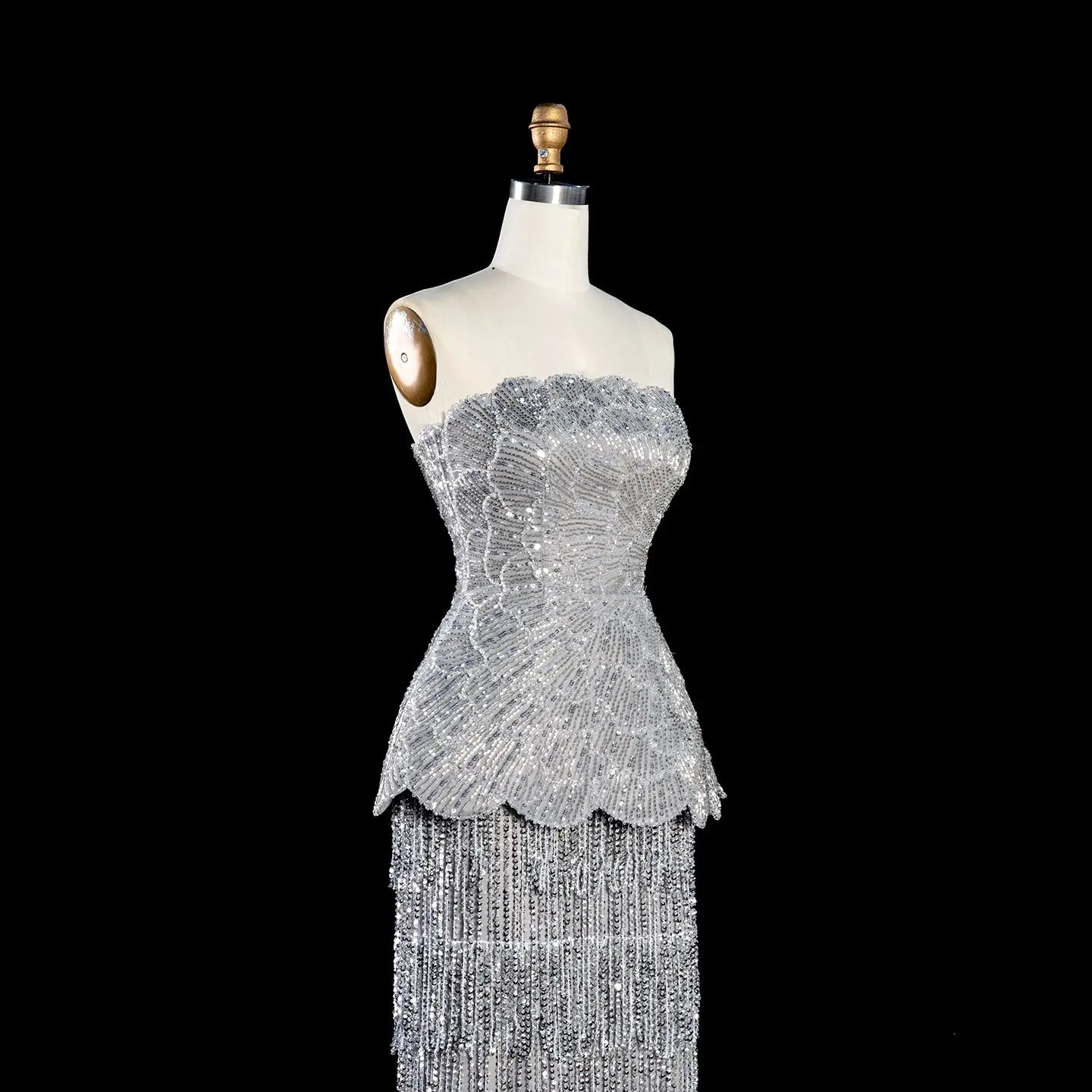 Gray Strapless Mermaid Luxury Beaded Sequins Tassels Skirt Evening