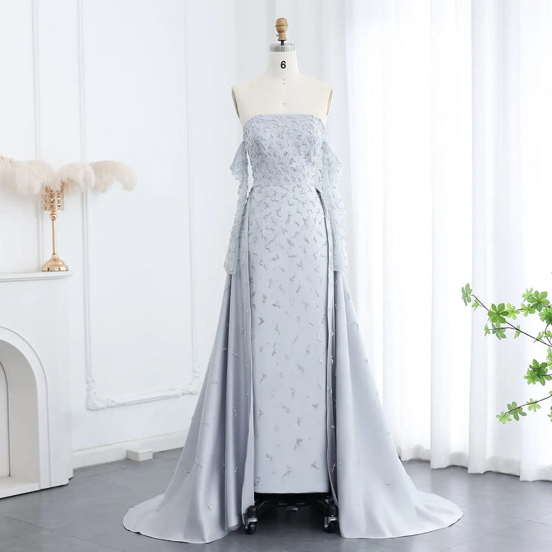 Luxury Silver Gray Evening Dress with Overskirt Sleeves SS484 