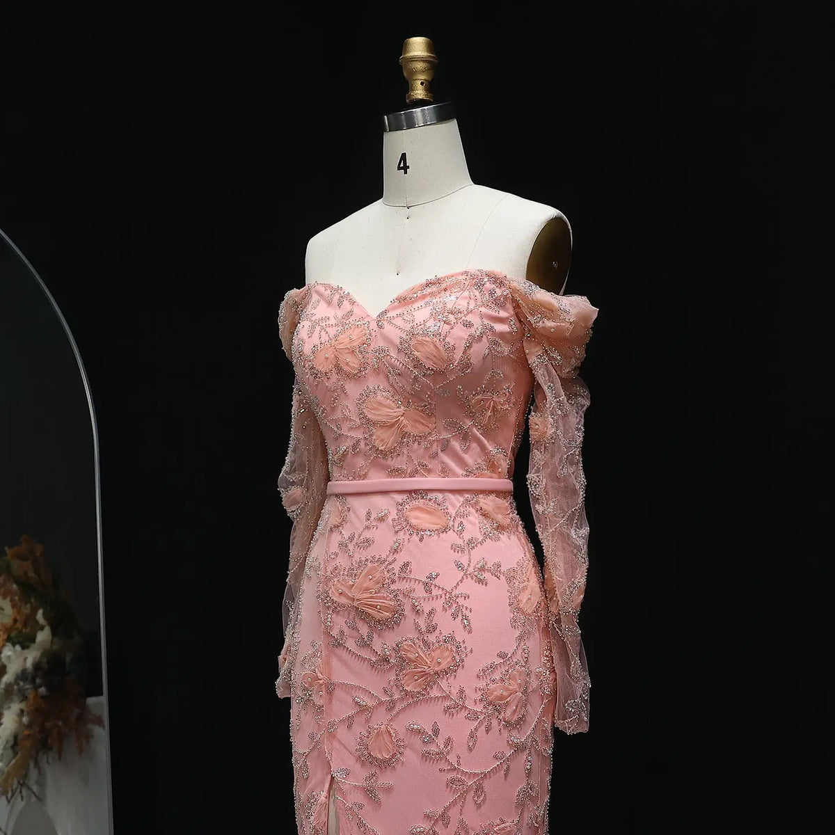 Luxury Green Beaded Sequin High-Slit Long Sleeve Prom Dress SH215 