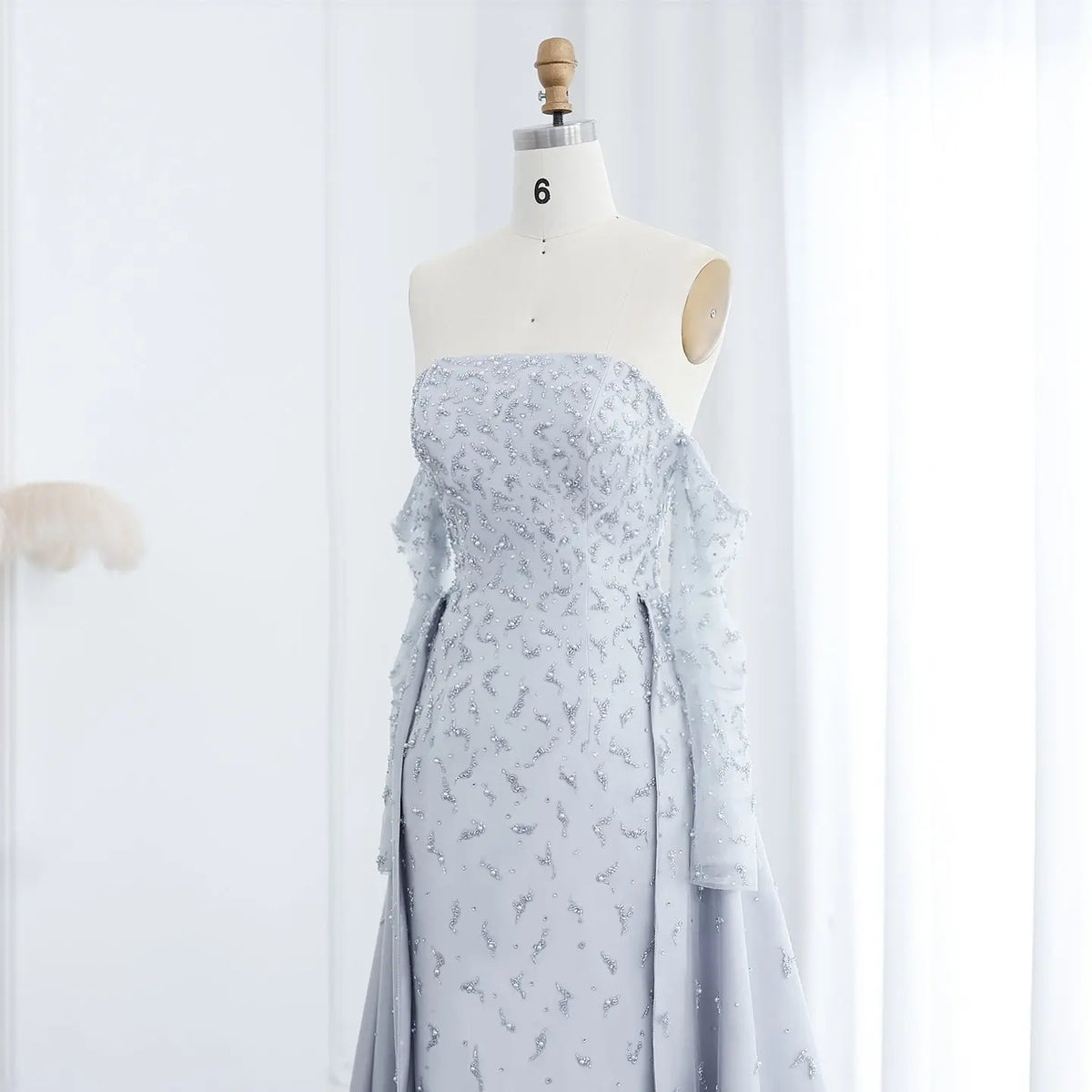Final Sale Luxury Silver Gray Evening Dress with Overskirt Sleeves SS484 Final Sale Luxury Silver Gray Evening Dress with Overskirt Sleeves SS484