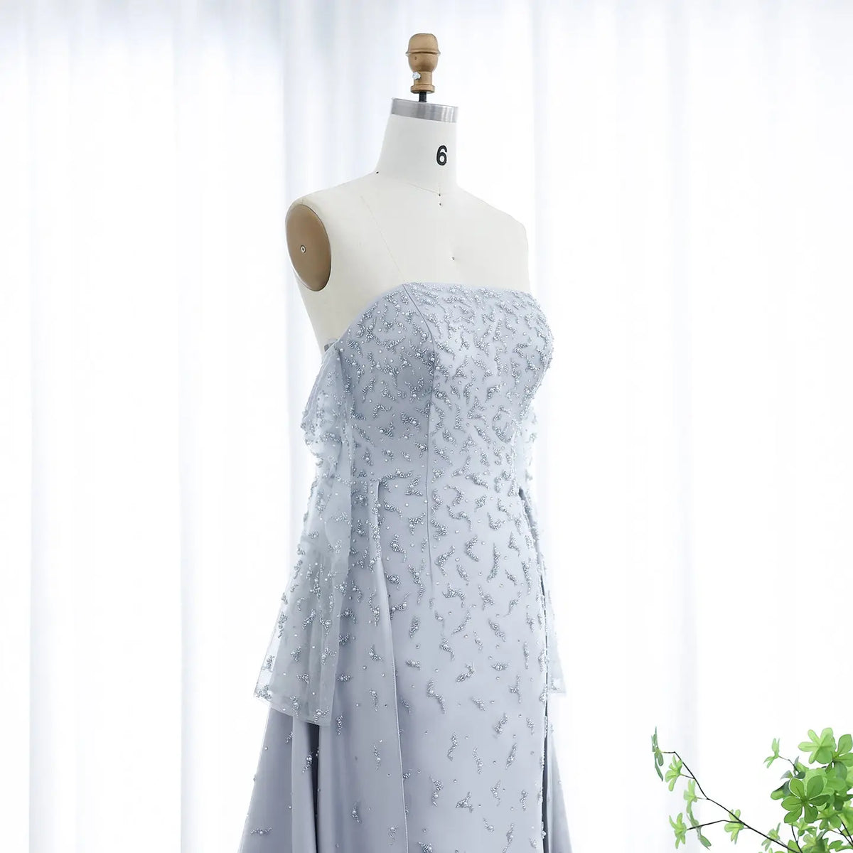 Final Sale Luxury Silver Gray Evening Dress with Overskirt Sleeves SS484 Final Sale Luxury Silver Gray Evening Dress with Overskirt Sleeves SS484