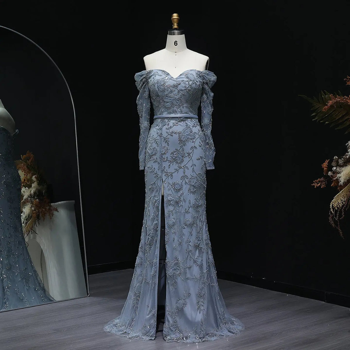 Luxury Green Beaded Sequin High-Slit Long Sleeve Prom Dress SH215 