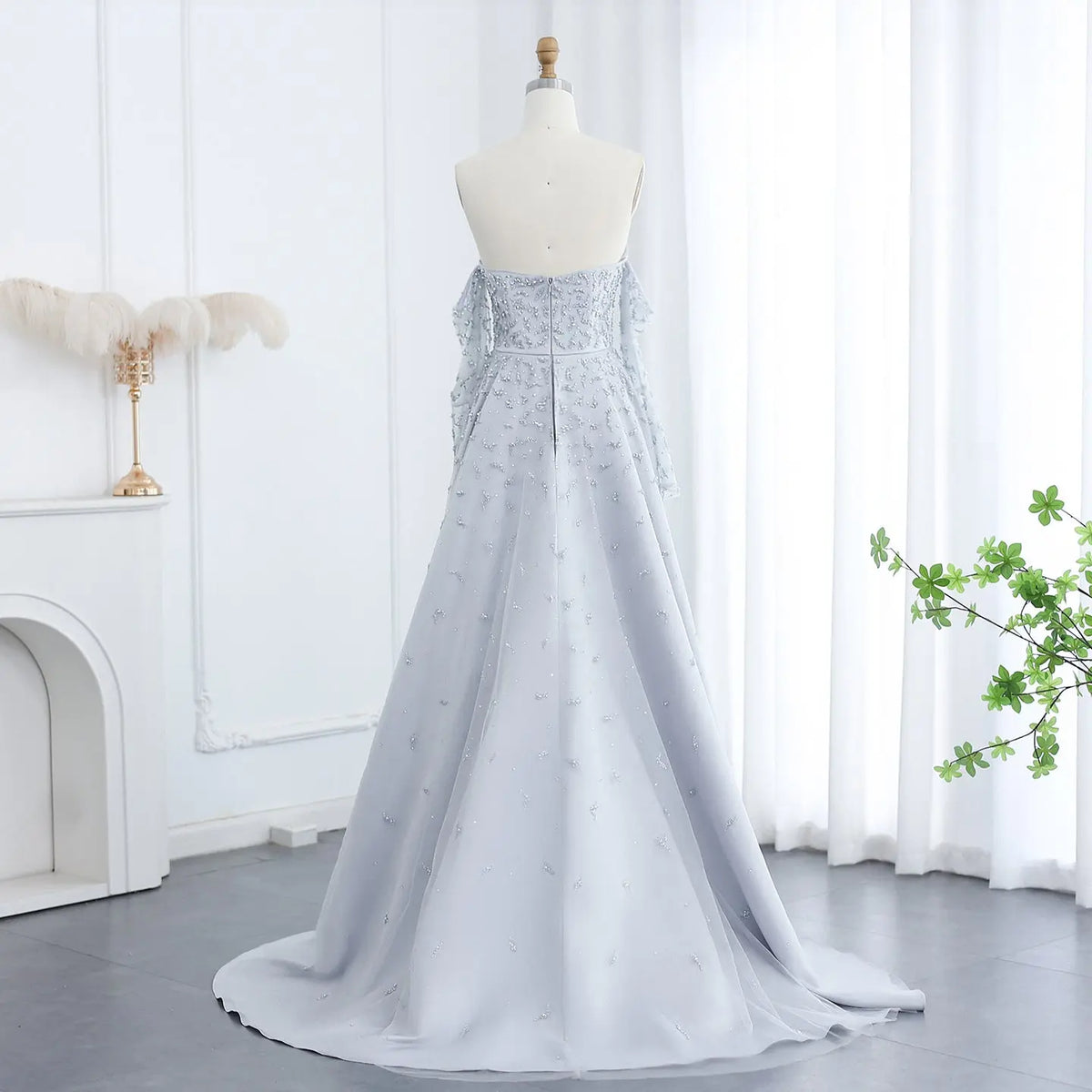 Final Sale Luxury Silver Gray Evening Dress with Overskirt Sleeves SS484 Final Sale Luxury Silver Gray Evening Dress with Overskirt Sleeves SS484