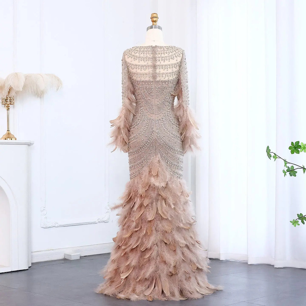 Luxury Feather Nude Mermaid Evening Dress SS076 Luxury Feather Nude Mermaid Evening Dress SS076