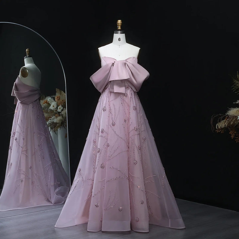 Luxury Blush Pink Sequin Bow Embroidered Ball Gown Evening Dress XD051 