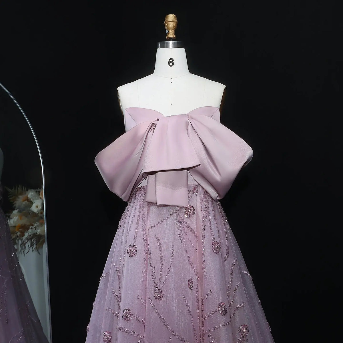 Luxury Blush Pink Sequin Bow Embroidered Ball Gown Evening Dress XD051 