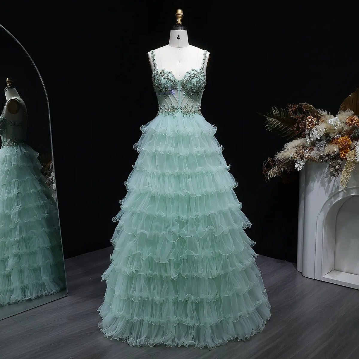 mint green tiered dress Garden Fairy Tiered Cold Shoulder Midi Dress (Mint Green) S
