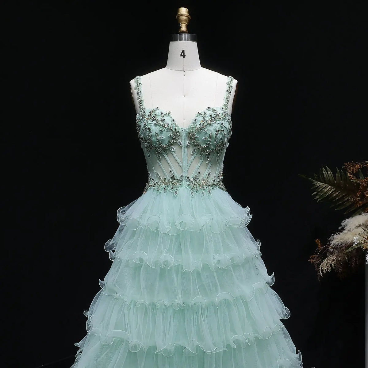 Luxury Mint Green Spaghetti Strap Crystal Embroidered Tiered Prom Dress SH054 