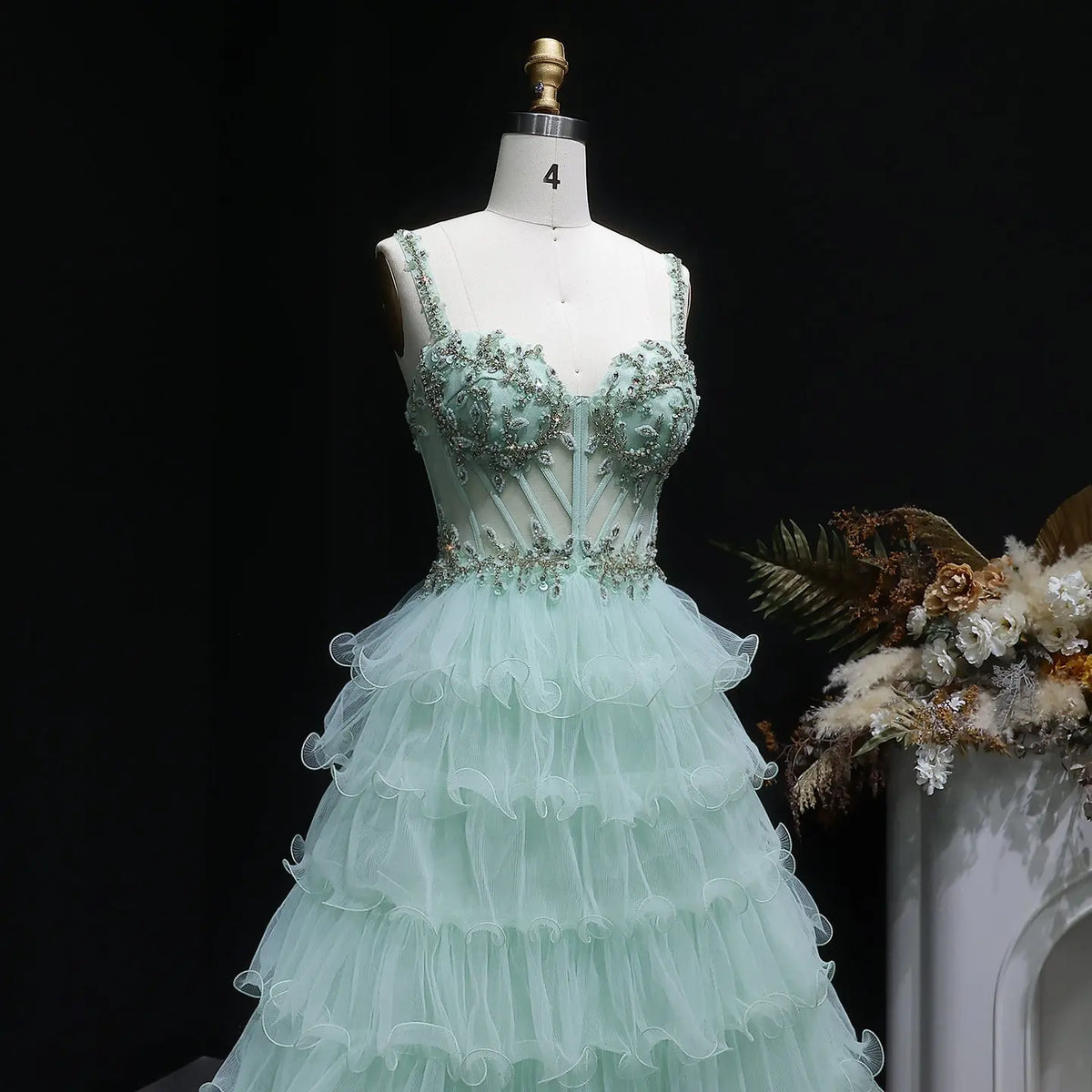 Luxury Mint Green Spaghetti Strap Crystal Embroidered Tiered Prom Dress SH054 