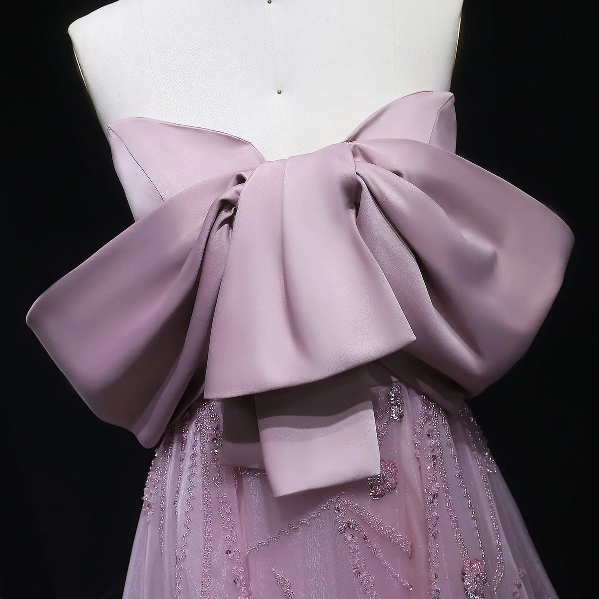 Luxury Blush Pink Sequin Bow Embroidered Ball Gown Evening Dress XD051 