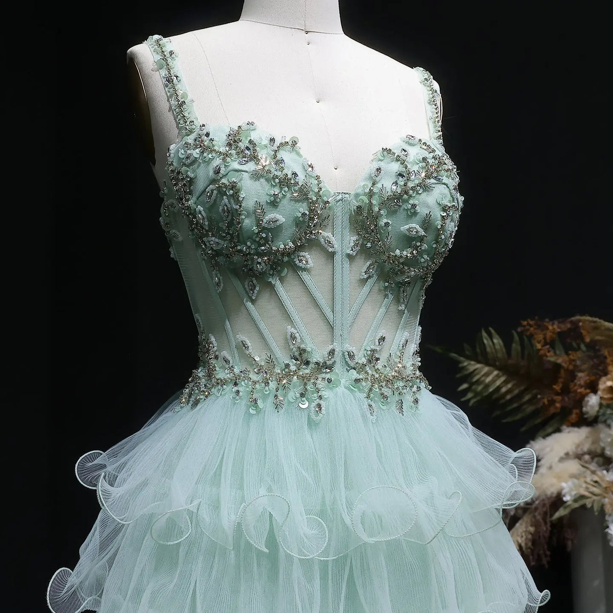 Luxury Mint Green Spaghetti Strap Crystal Embroidered Tiered Prom Dress SH054 