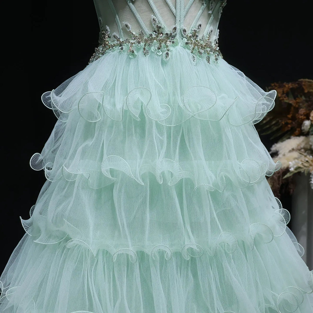 Luxury Mint Green Spaghetti Strap Crystal Embroidered Tiered Prom Dress SH054 