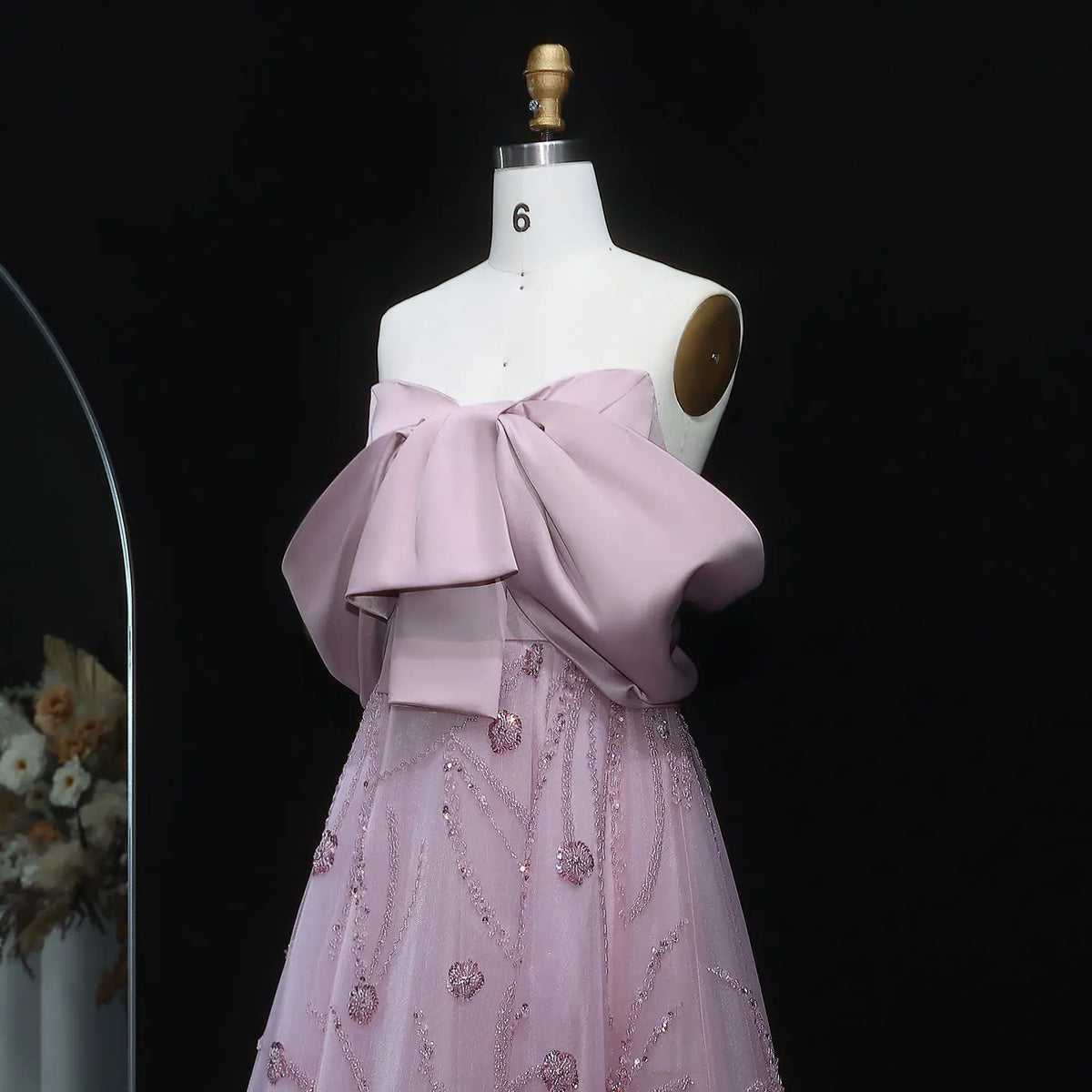 Luxury Blush Pink Sequin Bow Embroidered Ball Gown Evening Dress XD051 