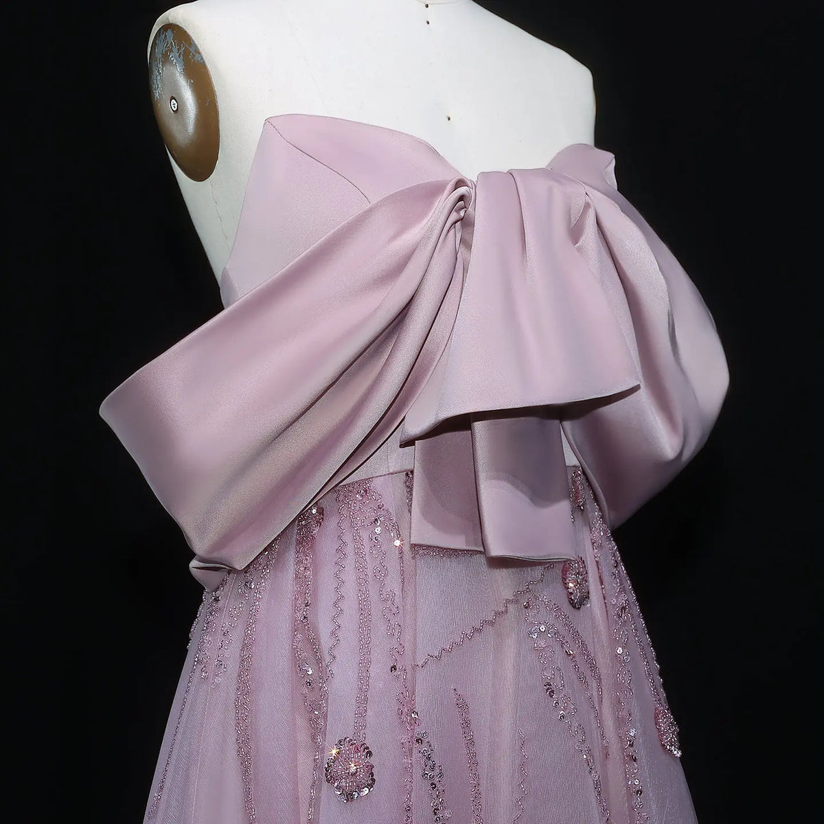 Luxury Blush Pink Sequin Bow Embroidered Ball Gown Evening Dress XD051 