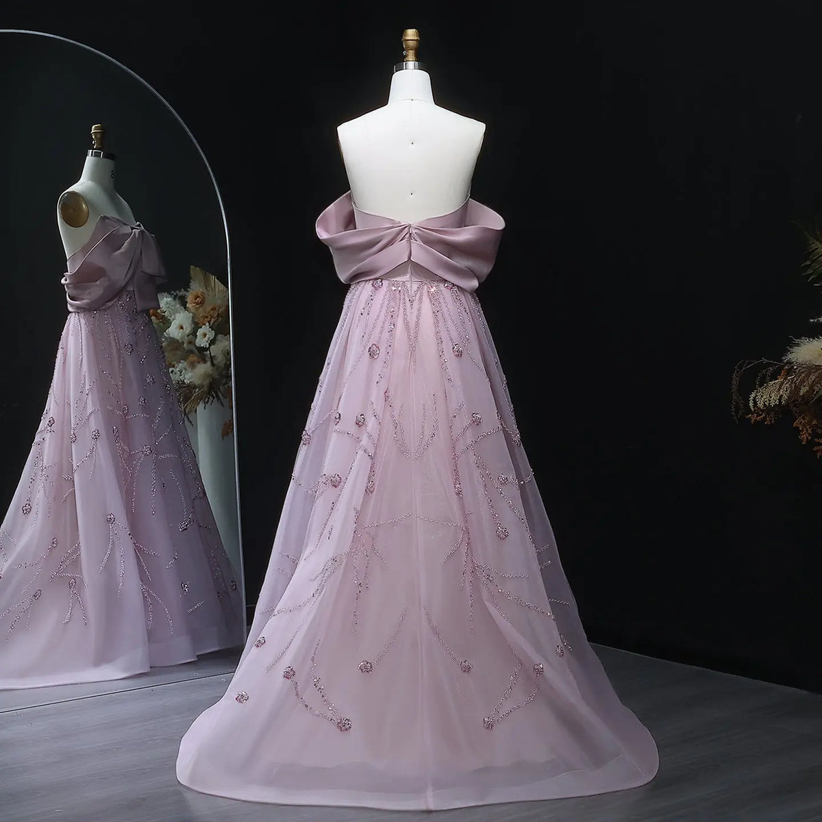 Luxury Blush Pink Sequin Bow Embroidered Ball Gown Evening Dress XD051 