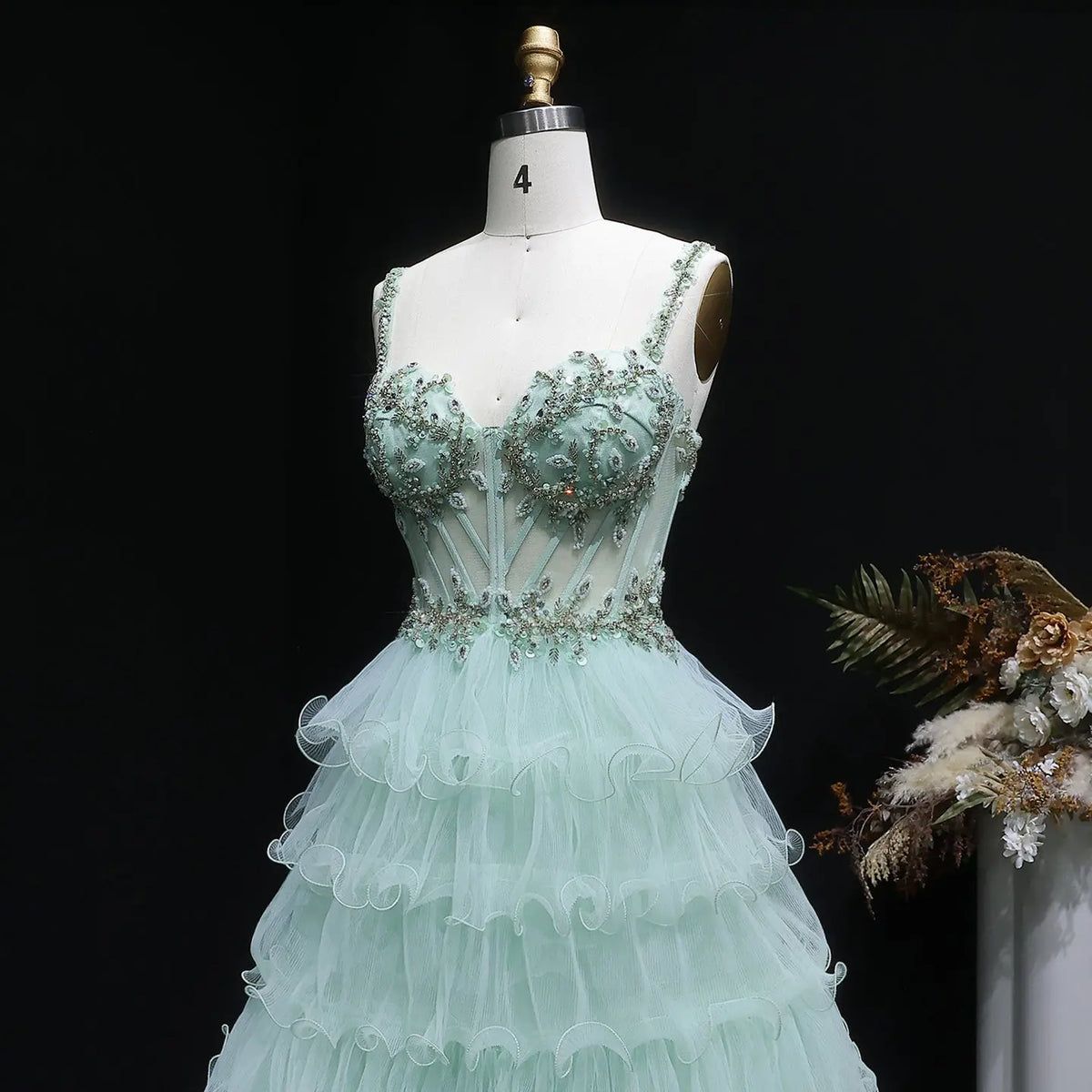 Luxury Mint Green Spaghetti Strap Crystal Embroidered Tiered Prom Dress SH054 