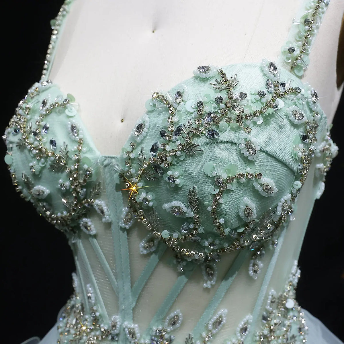 Luxury Mint Green Spaghetti Strap Crystal Embroidered Tiered Prom Dress SH054 