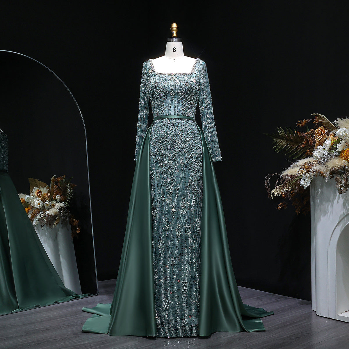 Luxury Green Beaded Long Sleeve Evening Dress with Overskirt SS119 