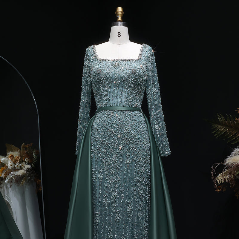 Luxury Green Beaded Long Sleeve Evening Dress with Overskirt SS119 