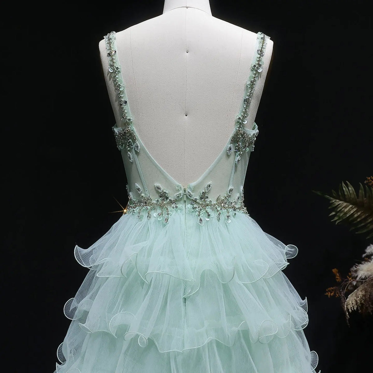 Luxury Mint Green Spaghetti Strap Crystal Embroidered Tiered Prom Dress SH054 