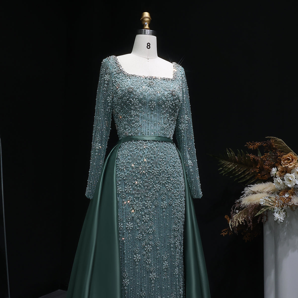 Luxury Green Beaded Long Sleeve Evening Dress with Overskirt SS119 