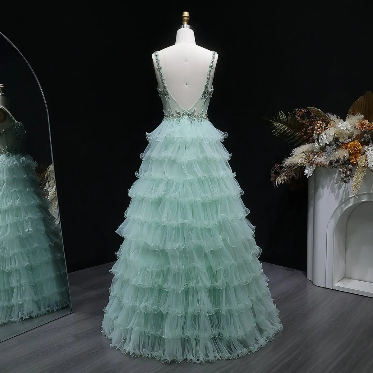Luxury Mint Green Spaghetti Strap Crystal Embroidered Tiered Prom Dress SH054 