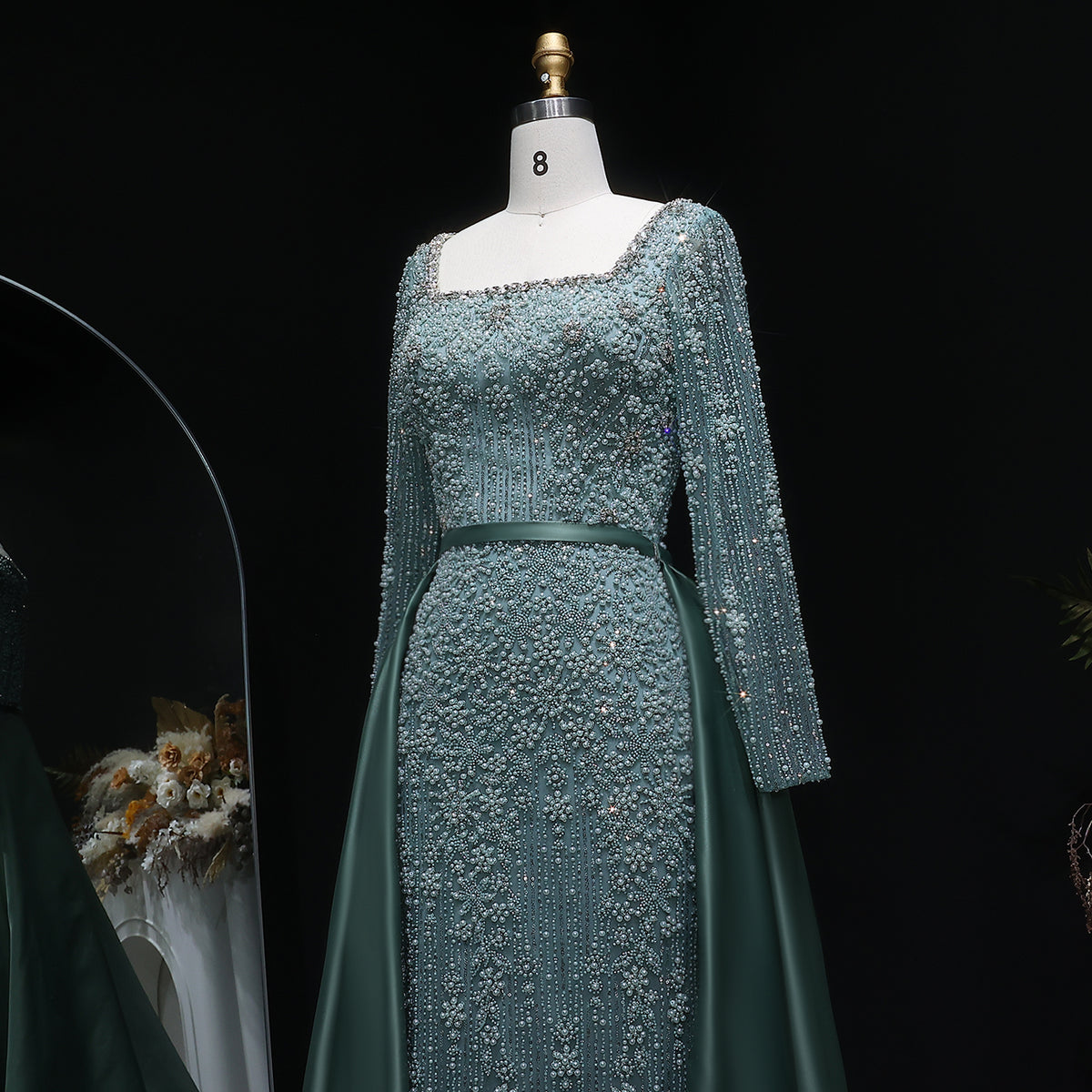 Luxury Green Beaded Long Sleeve Evening Dress with Overskirt SS119 