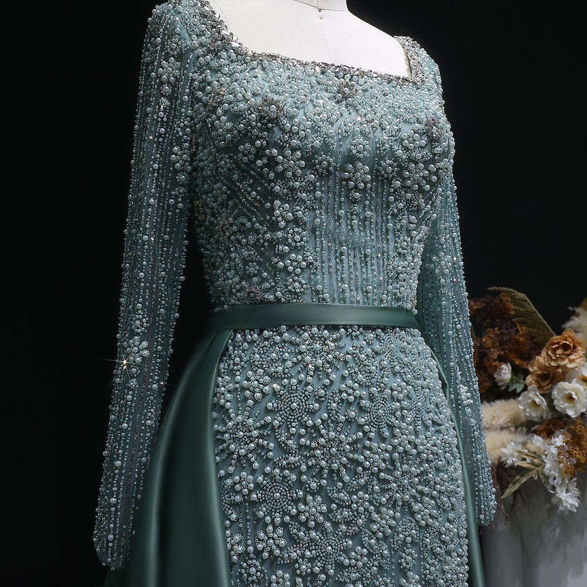 Luxury Green Beaded Long Sleeve Evening Dress with Overskirt SS119 