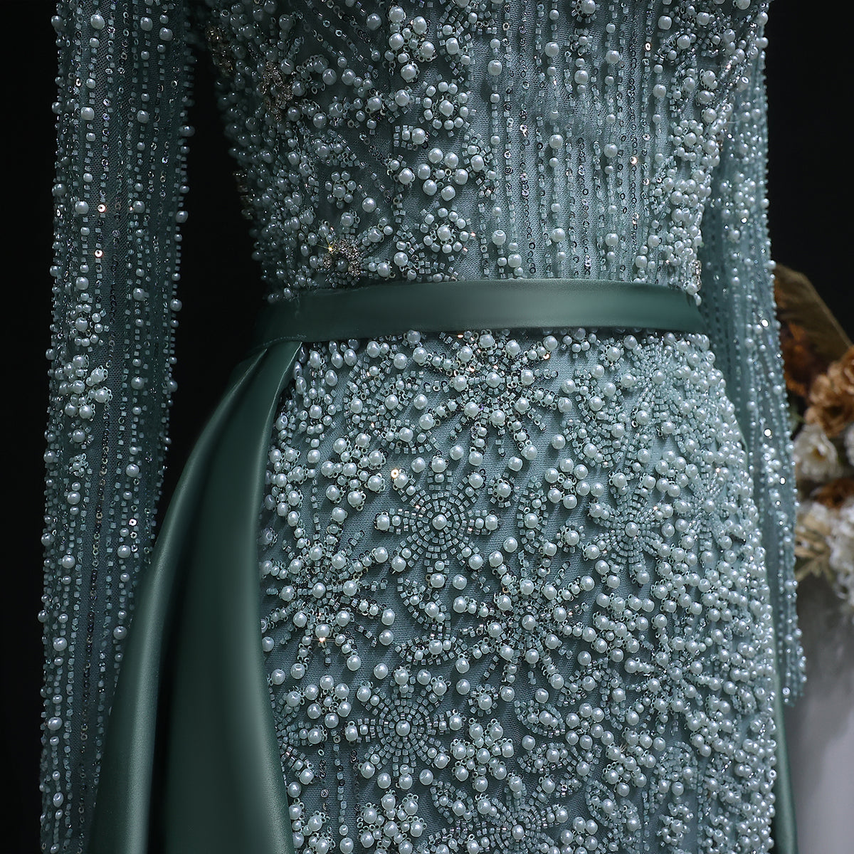 Luxury Green Beaded Long Sleeve Evening Dress with Overskirt SS119 